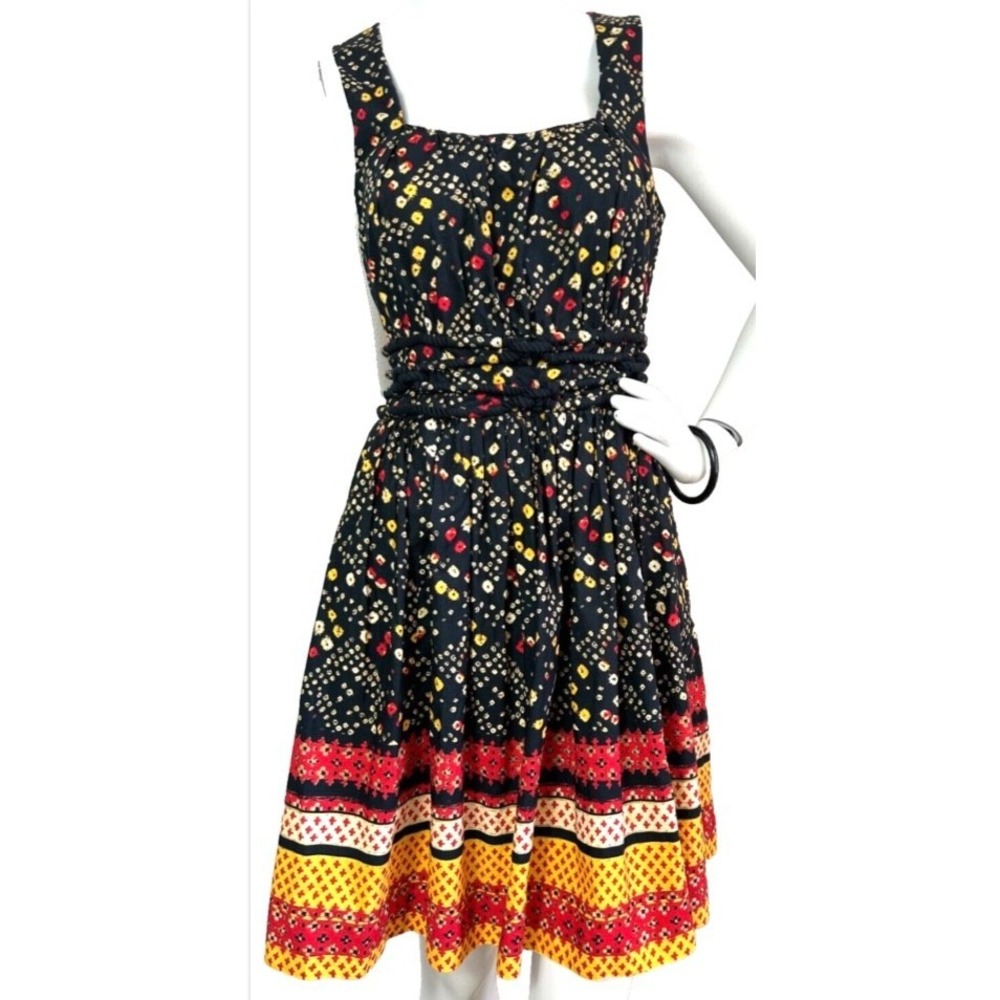 Rachel Rachel Roy Global Border Print Midi Dress Rope Tie Boho Folk Sz 6 S EUC
